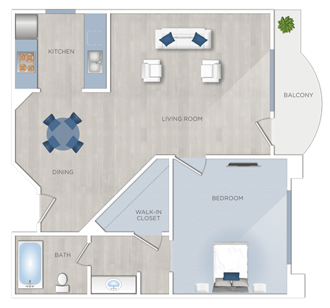 Floor plan for 1 bed, 1 bath, 590 sqft